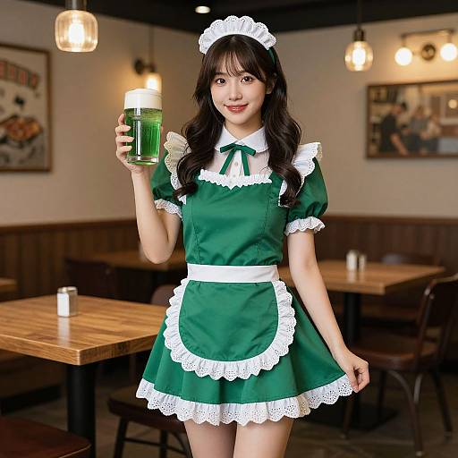 Photograph of an Asian woman with long black hair, dressed in a green French maid outfit, holding a green drink, smiling in a dimly lit