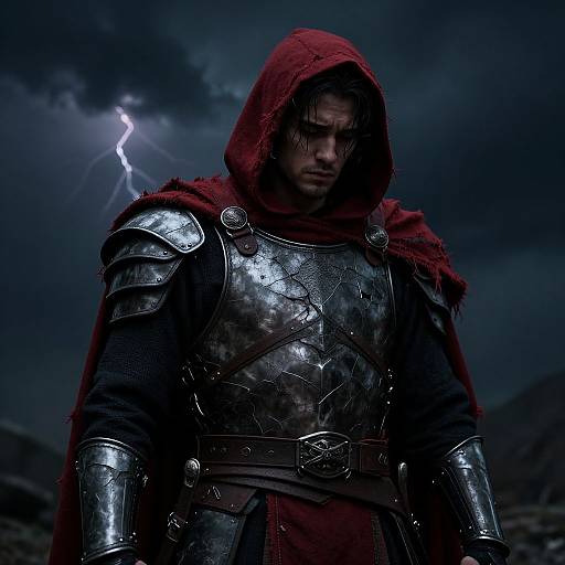 Dark, stormy night with a brooding warrior in shiny, medieval armor and red hood, lightning illuminating the ominous sky. Photorealistic CGI