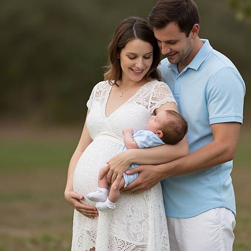 Photograph of a smiling couple with a newborn in a white lace dress and blue outfit, father in light blue polo, outdoors.