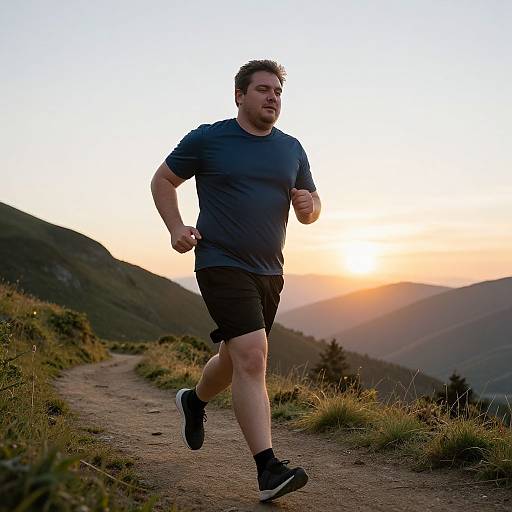 Photograph of a bearded man jogging on a mountain trail at sunset, wearing a dark blue shirt, black shorts, and sneakers.
