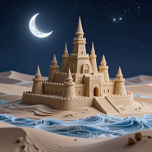Photorealistic digital artwork of a sandcastle castle under a bright crescent moon, with blue glowing water flowing around it in a starry desert night