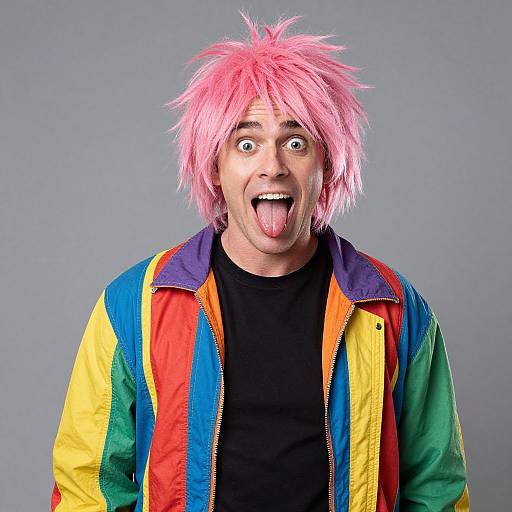 Photograph of a man with spiky pink hair, wide eyes, tongue out, wearing a colorful rainbow jacket over a black shirt, against a gray