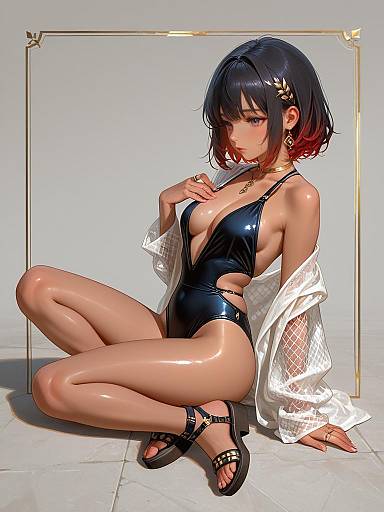 Young Woman in Plunge Neck Swimsuit and Sheer Cover-Up