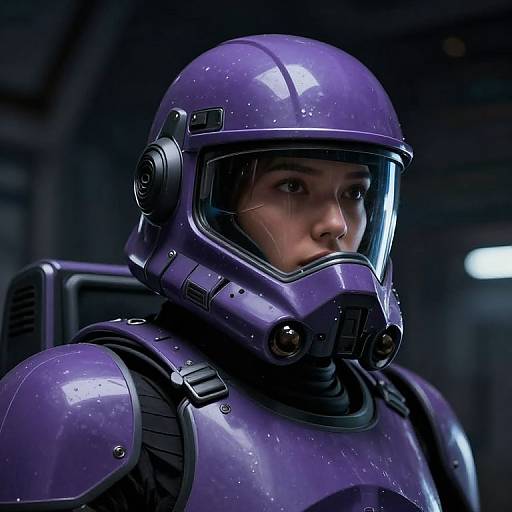 Photorealistic CGI of a woman in a shiny, purple, sci-fi helmet with a clear visor and breathing apparatus, set in a dark,