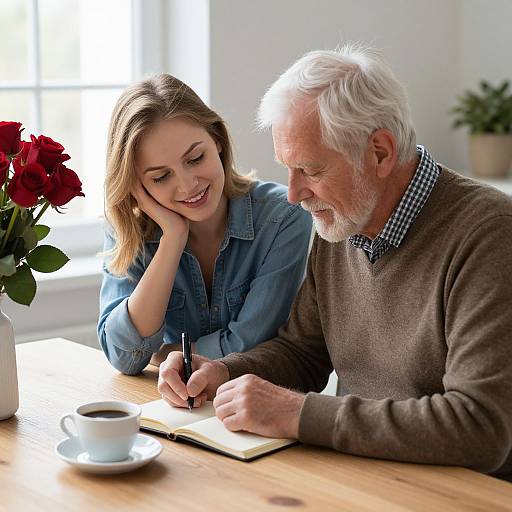 Photograph of an older white man with white hair and beard, wearing a brown sweater, writing in a notebook, while a smiling young white woman with