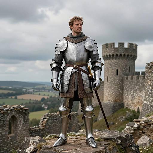 Medieval Warrior Overlooking Castle Ruins