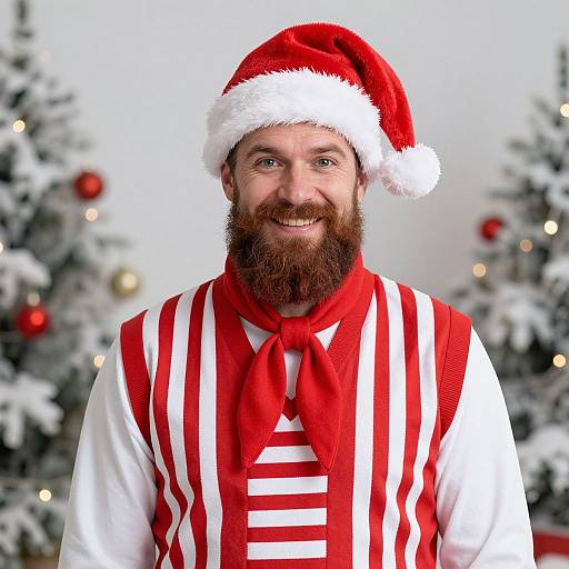 Photograph of a smiling bearded man in a red Santa hat and red-striped shirt with a red scarf, standing in front of decorated, snow-covered