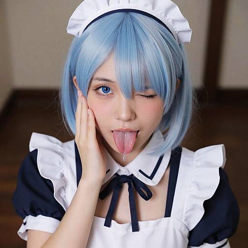 Photograph of a young woman with light blue bob wig, blue eyes, wearing a black and white maid outfit, winking, sticking out her tongue