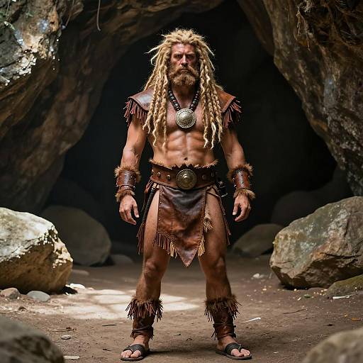 Muscular Caveman in Tribal Warrior Outfit