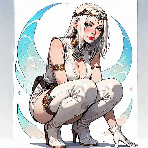 Anime Warrior in White Tunic Squatting
