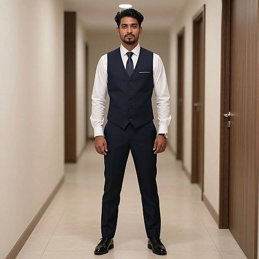 Photograph of a serious Indian man with short black hair and beard, wearing a black vest, white shirt, black tie, and black pants, standing
