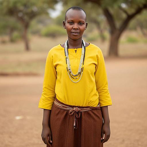 Photograph of a young African girl with dark skin, short hair, wearing a bright yellow long-sleeve shirt, brown woven pants, and a