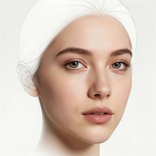 Photorealistic digital portrait of a fair-skinned woman with green eyes, light pink lips, and white hair, against a plain white background.