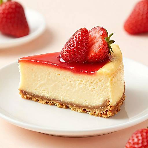 Photograph of a slice of cheesecake with a red glaze, topped with a fresh strawberry, on a white plate.