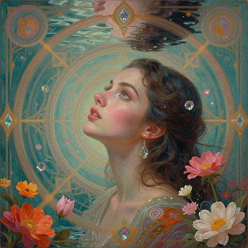 Digital painting of a fair-skinned woman with wavy brown hair, looking upwards, surrounded by vibrant flowers and geometric patterns, wearing teardrop earrings