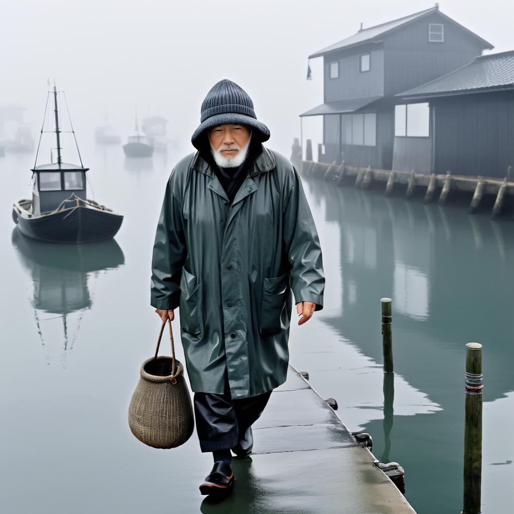 Elderly Fisherman in a Misty Harbor