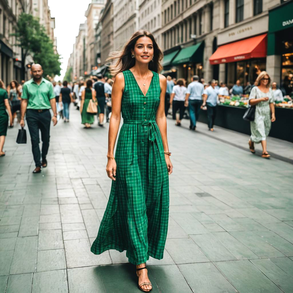 Checkered Woman in Green Maxi Dress