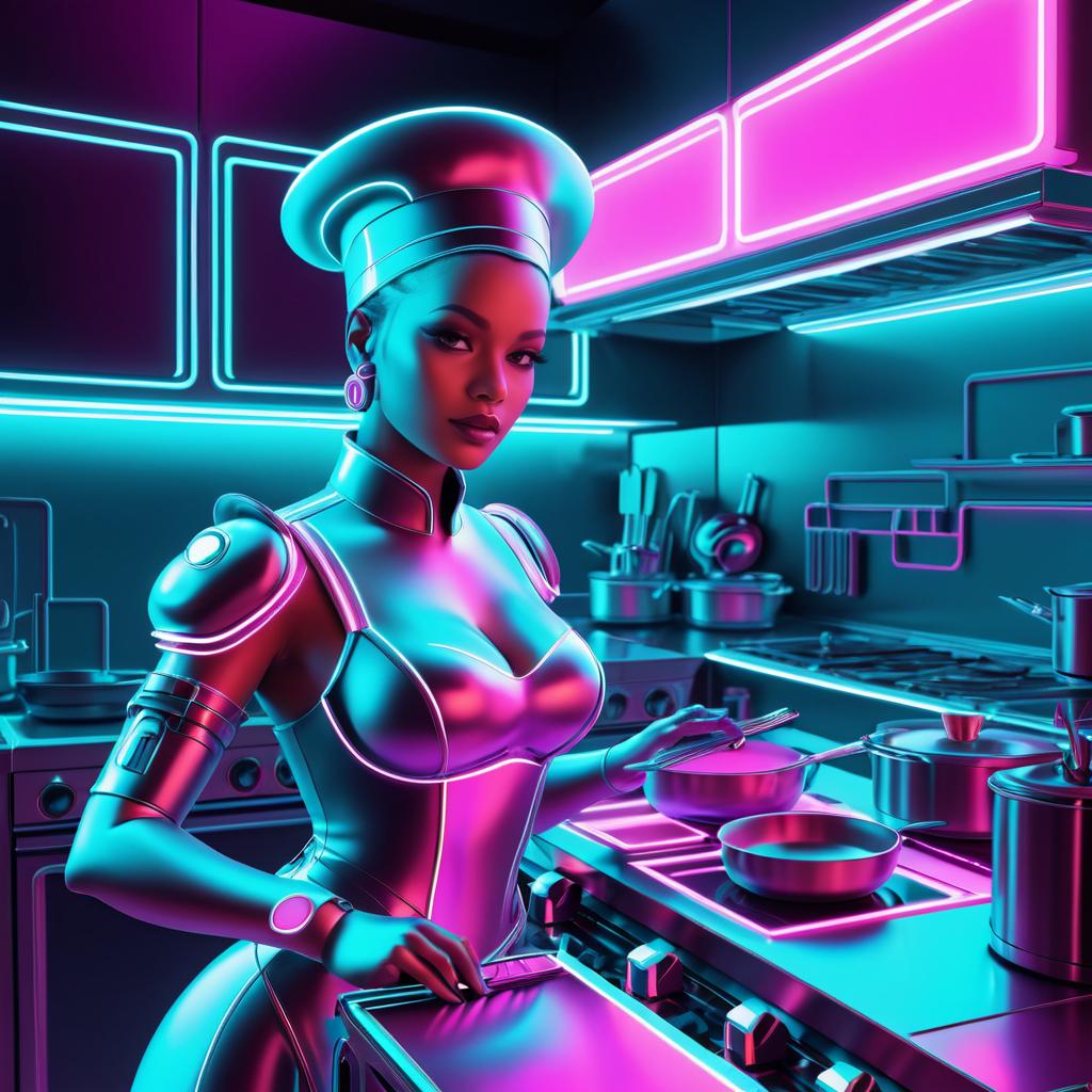 Futuristic Robot Chef in Neon Kitchen