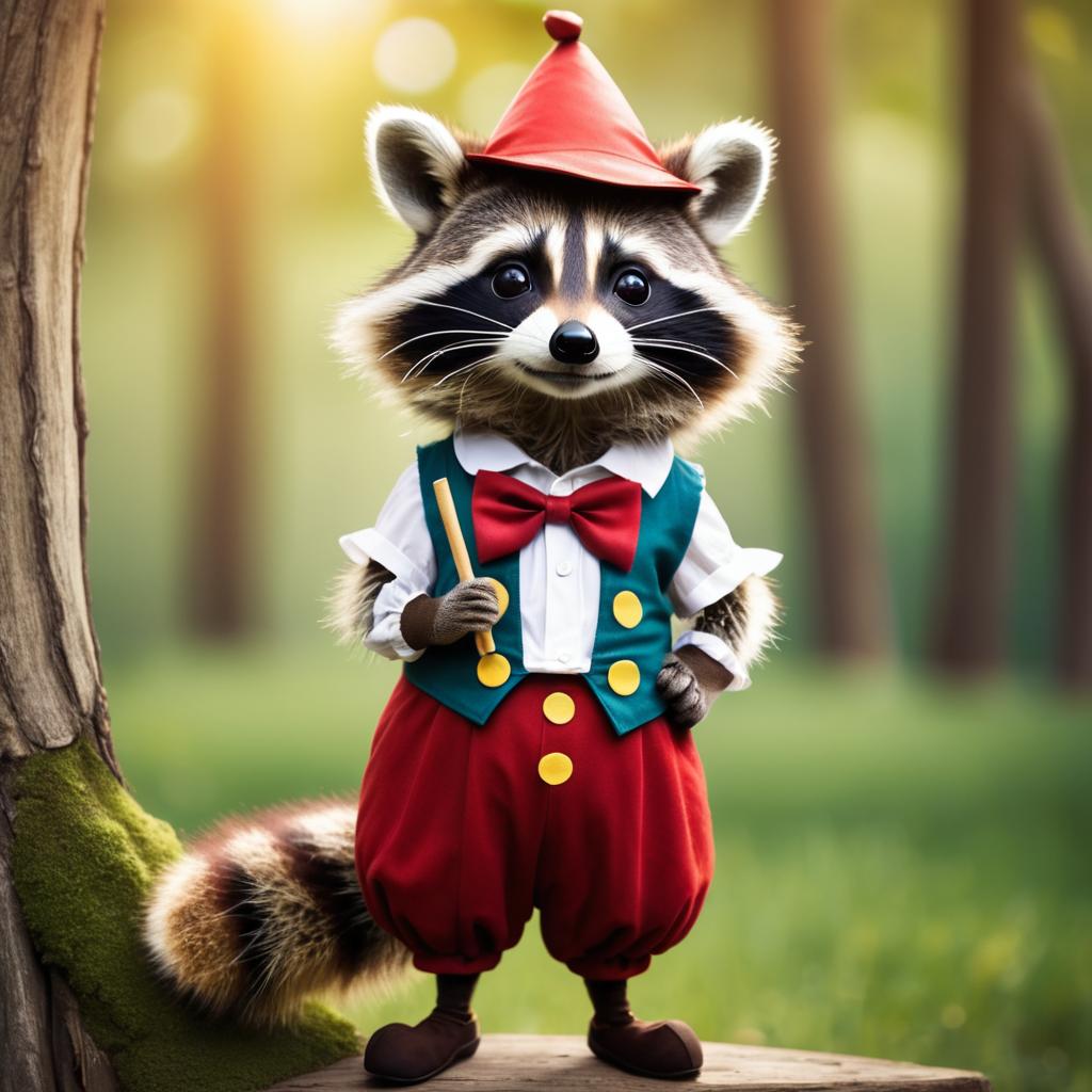 Whimsical Raccoon as Pinocchio Pose