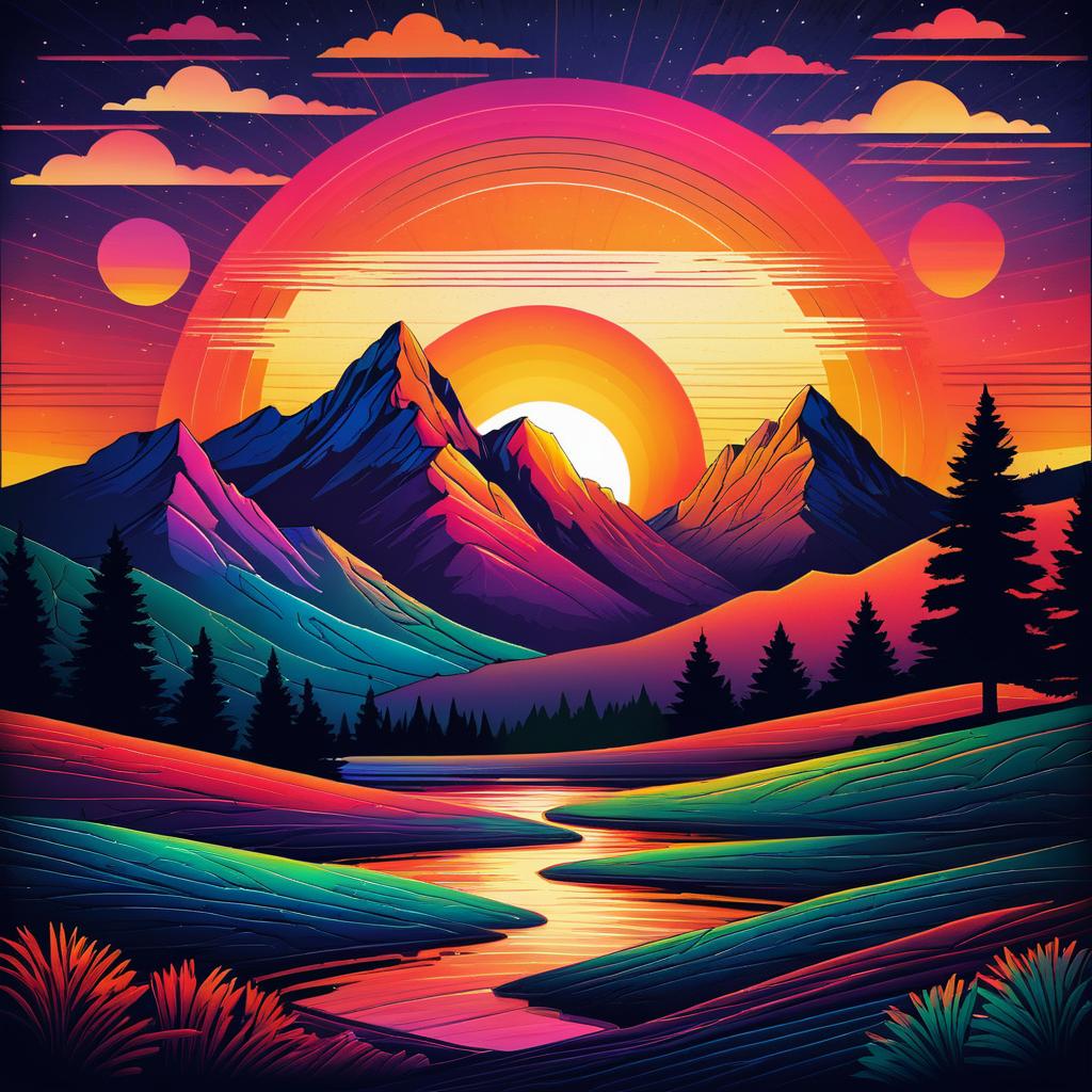 Vibrant Hand-Drawn Retro Sunset Landscape