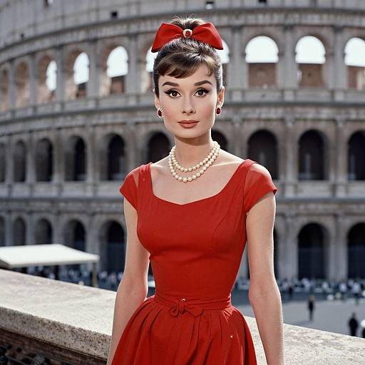 Photograph of an elegant Asian woman with fair skin, red dress, pearl necklace, and red bow, in front of the Colosseum.