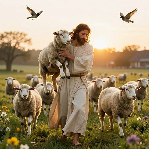 Jesus Carrying Sheep in Meadow at Sunrise