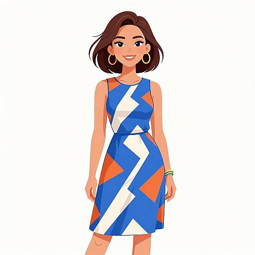 Smiling Woman in Bold Geometric Dress