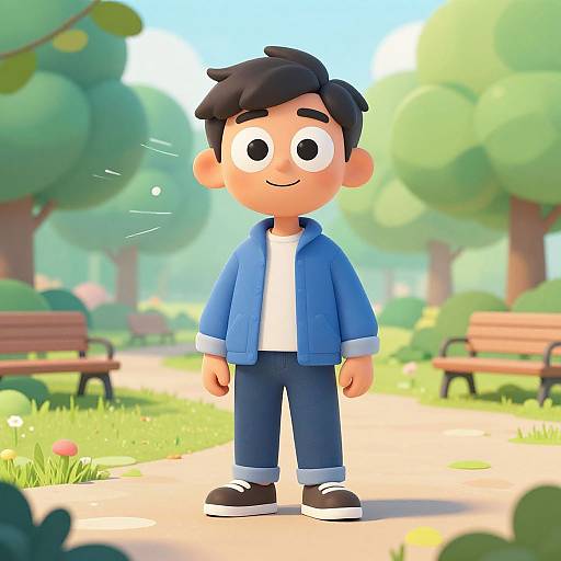 Cartoon-style boy with black hair, blue jacket, white shirt, blue pants, black shoes, standing on park path with benches and trees.