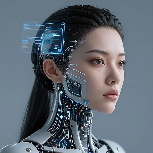 Digital CGI of an East Asian woman with cybernetic enhancements, featuring glowing blue circuitry on her neck and ear. She has pale skin, long