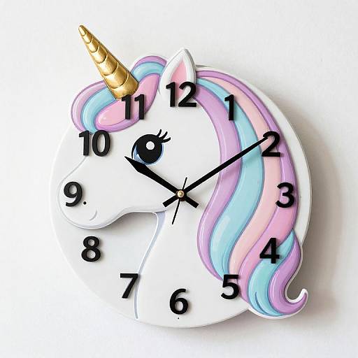 Whimsical unicorn clock with pastel pink, blue, and purple mane; white face, black numbers, and hands; gold horn; digital art