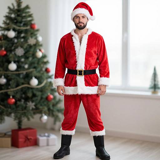 Photograph of a bearded man in a red Santa suit with white fur trim, black belt, and boots, standing in front of a decorated Christmas