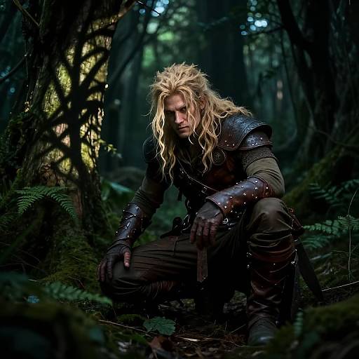 Photograph of a muscular, blonde man with long hair, wearing dark, armor-clad medieval attire, crouching in a dark, dense forest