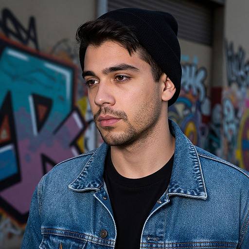 Photograph of a young man with medium skin tone, dark hair, and stubble, wearing a blue denim jacket over a black shirt, standing in
