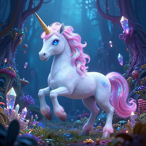 Digital art of a vibrant white unicorn with a pink and purple mane, blue eyes, and a golden horn, dancing in a magical, crystal-filled forest