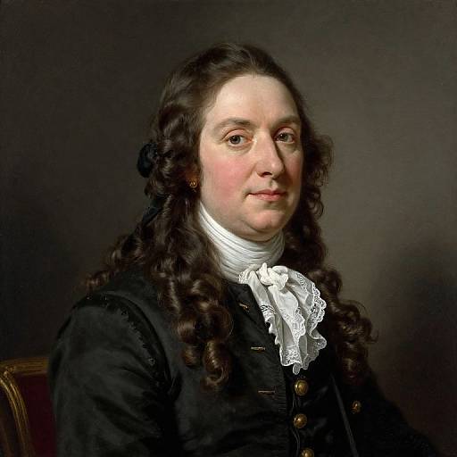 18th-century portrait of a Caucasian man with long, curly brown hair, fair skin, wearing a black coat and white lace cravat, against
