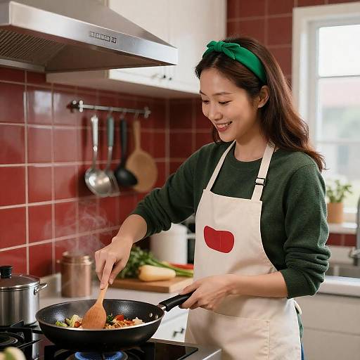 Smiling Asian Woman Cooking in Kitchen