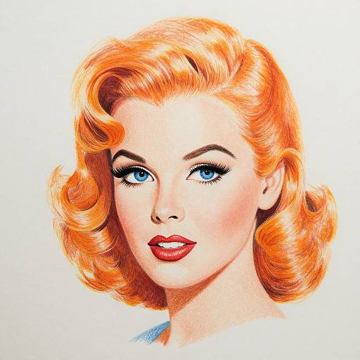 Vintage-style digital illustration of a smiling woman with bright red, wavy hair, blue eyes, and red lipstick, set against a white background.