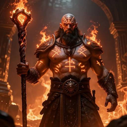 Digital artwork of a muscular, bearded, horned warlord with glowing fiery tattoos, holding a staff, standing in a fiery, archway-l