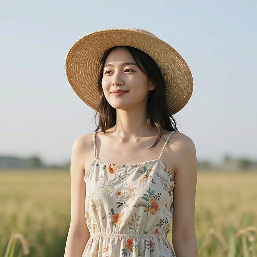 Asian woman with long black hair, wearing a straw hat and floral sundress, standing in a sunlit wheat field. Photograph.