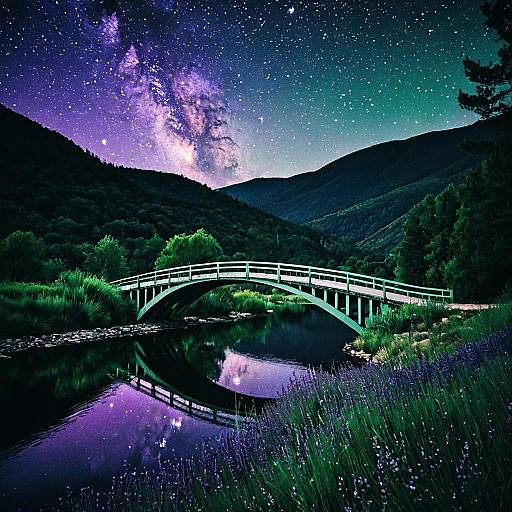 Bridge over Lake in Mountain Valley at Starry Night