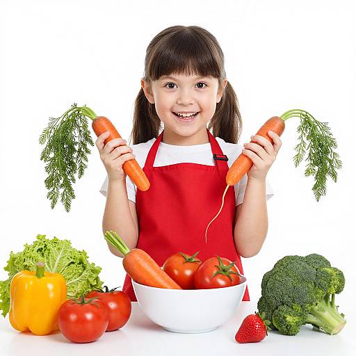 Photograph of a smiling Asian girl with pigtails, wearing a red apron, holding carrots, with a white bowl of veggies, colorful bell