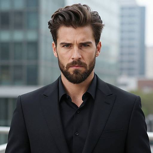 Photograph of a handsome, bearded white man with dark brown hair, wearing a black suit and black shirt, standing in front of a blurred city