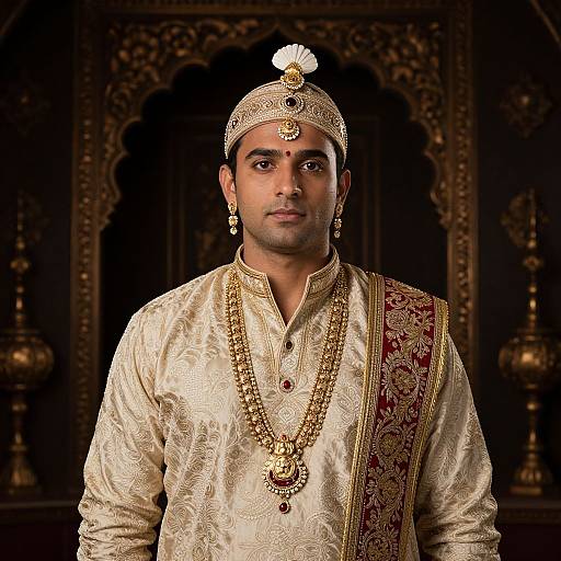Photograph of a South Asian man in traditional golden wedding attire, adorned with jewelry, headpiece, and intricate embroidery, set against an ornate,
