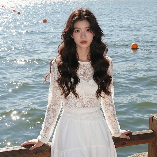 Young Asian woman with long, wavy black hair in a white lace long-sleeve top and skirt, standing by a sunlit wooden railing by