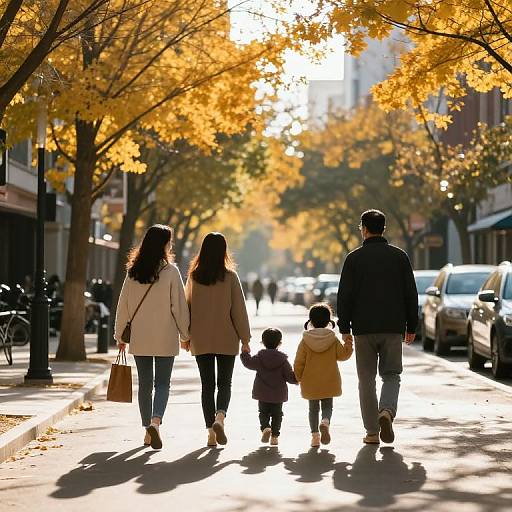 Family Walking in Golden Autumn City