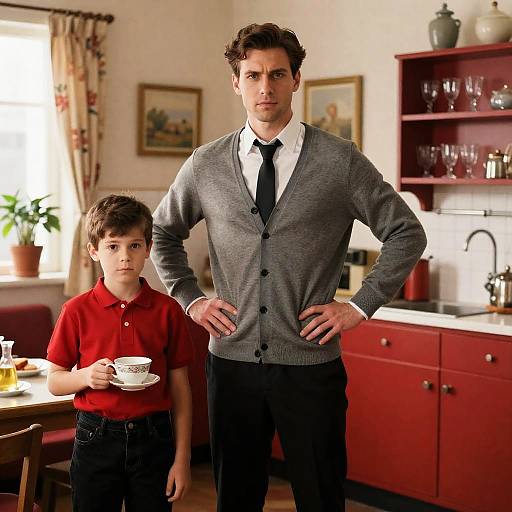 Serious Man and Boy in Retro Kitchen