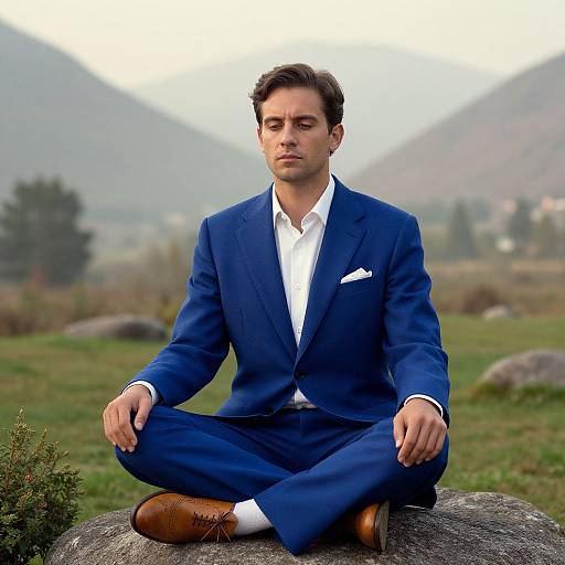 Photograph of a serious, dark-haired man in a blue suit, white shirt, and brown shoes, seated cross-legged on a rock in a green