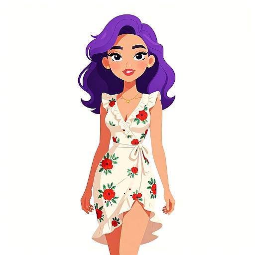 Digital illustration of a stylish woman with purple hair, wearing a white floral dress with red roses, against a plain white background.