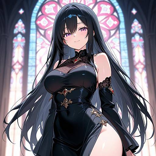 Smiling Red-Eyed Girl in Black Dress