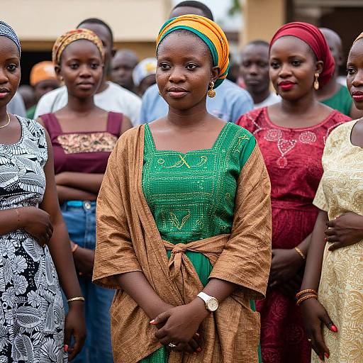 Photograph of African women in colorful traditional dresses and headwraps, standing in a group outdoors, with diverse patterns and vibrant colors.